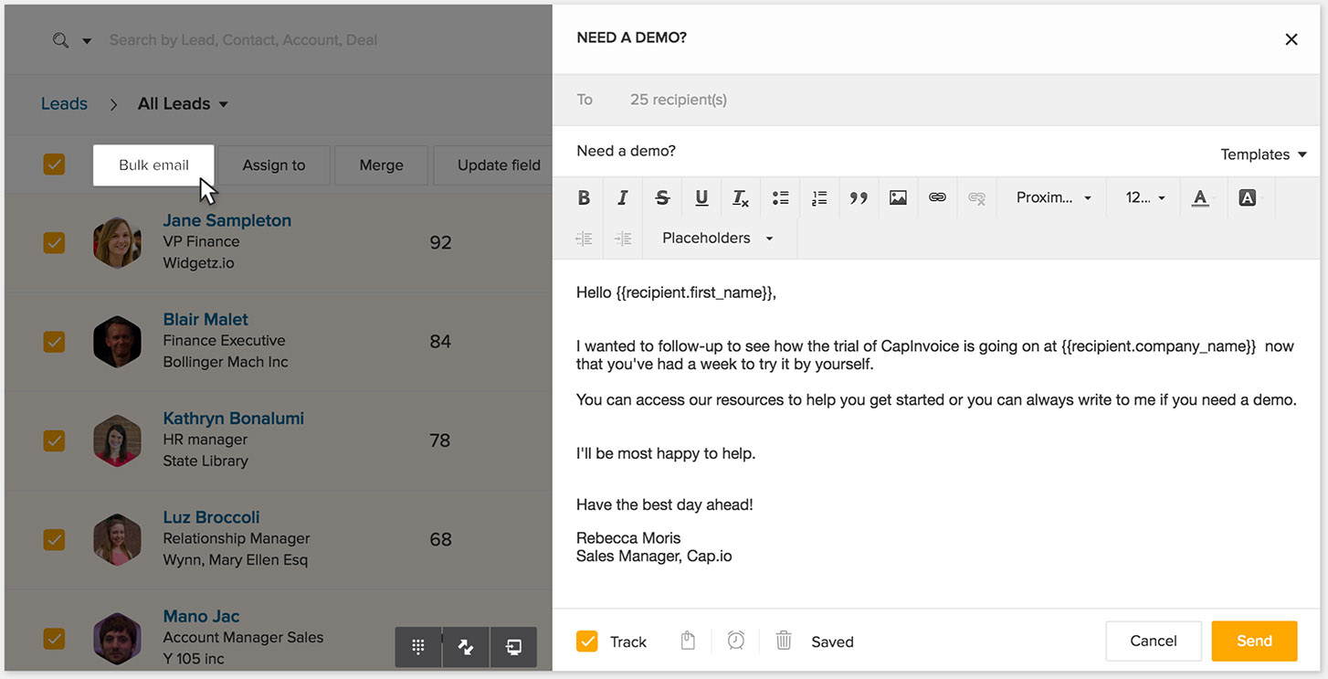 Sales Campaigns Send personalized bulk emails to leads and contacts